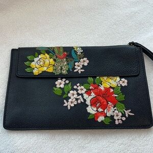 ETRO black leather envelop style clutch with floral & bird embroidery